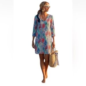 Lilly Pulitzer Erin 3/4 sleeve V-neck pullover dress sea coral reef Sz M cotton